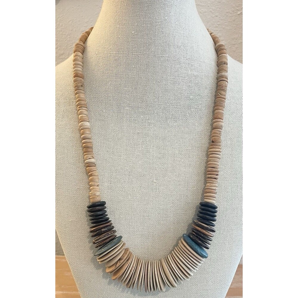 Vintage Wood Disc Brown Blue Statement Barrel Clasp Necklace